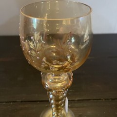 Hand Enameled White & Gold Floral Orange Luster Hock Wine Glass 7.5 Inches Tall