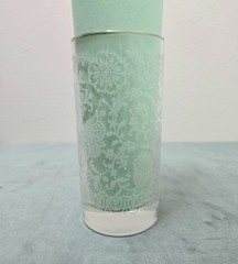 Vintage Libbey MCM Frosted White Lace Floral Glasses 5.5” Gold Rimmed