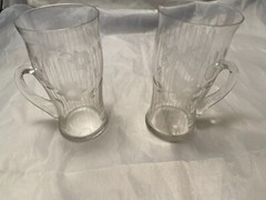 Antique Farm Estate Hand Blown Glass Etched Flowers Two Mugs Whimsy 4.75 Inches