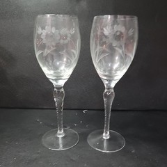 Lenox Style Sunflower Etched Crystal Goblets, Set of 2, Vintage Twisted Stem