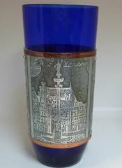 Vintage Polish PRL Cobalt Blue Glass Tumbler Warsaw Landmarks Metal Sleeve
