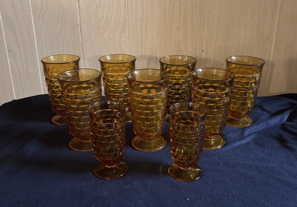 7 Vintage Indiana Glass Cubist Gold Glass 6 1/4” Footed Tumblers +2 – 5 1/4”H