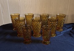 7 Vintage Indiana Glass Cubist Gold Glass 6 1/4” Footed Tumblers +2 – 5 1/4”H