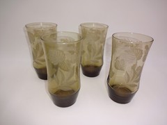 Set 4 Vintage Libbey ? Drinking Glasses Brown Clear Raised Leaves Clovers 15 oz.