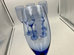 6 Blue Cobalt Champagne Flutes 8“ Tall Etched Circular And Line Design