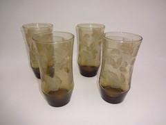 Set 4 Vintage Libbey ? Drinking Glasses Brown Clear Raised Leaves Clovers 15 oz.