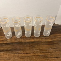 SET OF 5- VINTAGE LIBBEY FROSTED UNICORN AND STARS 7″ TUMBLER GLASSES