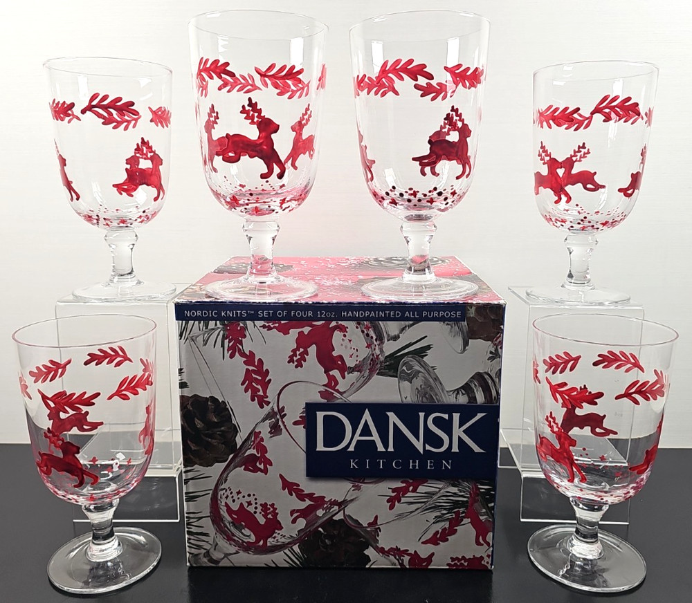 6 Dansk Nordic Knits Red 12 Oz Goblet Set Vintage Reindeer Christmas Crystal Lot