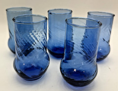 Cobalt Blue Juice Glasses Cups Set 5 VTG Handblown Art Glass Optic Swirl 4oz
