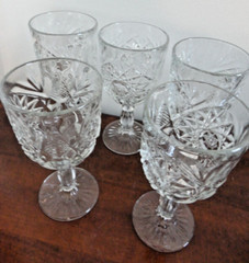 VINTAGE LIBBY STARBURST DESIGN RIBBED STEM CUT 5 WINE WATER GOBLET GLASSES 12 OZ
