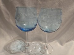 Pair Of Allegro Colored Blue Laura Etched Balloon Wine Glasses