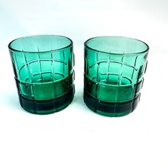 Vtg 2 Anchor Hocking Tartan Emerald Green Old Fashioned/Whiskey Rocks 3.5″ Glass