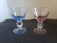 2 Vintage Tinted Glasses Blue Pink Goblet Stemmed Controlled Bubbles