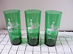 Forest Green Beverage Glasses 3 Gas Buggy Imprint White Anchor Hocking Used