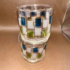 VINTAGE 1960’S LIBBEY NORDIC ROCK GLASSES GREEN BLUE GOLD EXC COND