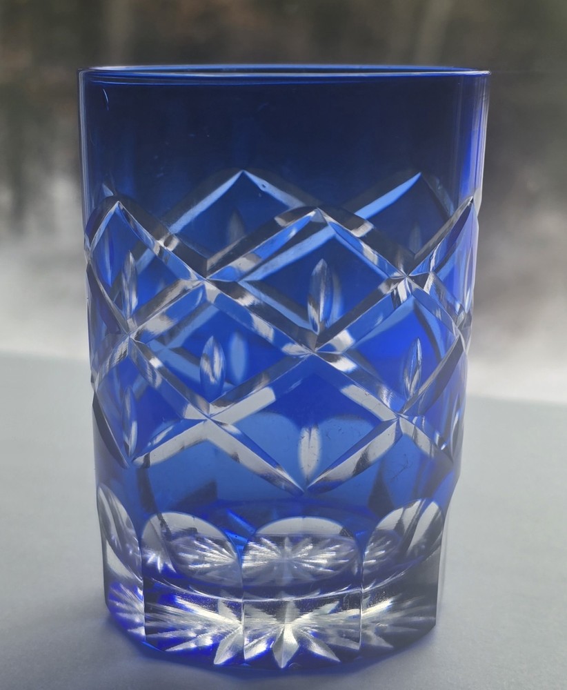Vintage Cobalt Blue Bohemian Cut Glass Low Ball Glass 3.50″ high