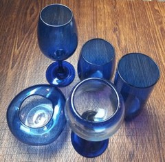 Cobalt Blue Glassware Goblets Glasses, Ash Tray Set Of 5