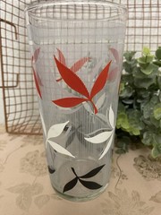 VTG MCM Glass 8 Tumbler Set w/ Carrier Red White Black Atomic Leaf Mid Century
