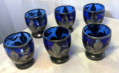Vintage Nasco Cobalt Blue Liquor Glasses Sterling Silver Flower Overlay Set of 6