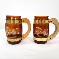 2 Vintage Siesta Ware Brown Barrel Drinking Mugs Western Pair Cowboy Boots cups