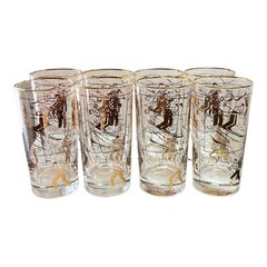 Vintage Libbey Glass Hostess Set 8 Gold Sports 12 oz Tumblers w/Box USA 1955
