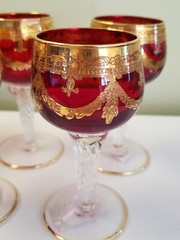 Set 6 Ruby Red Crystal Stemware Gold Painted Design Bohemian Italian 5″ Cordial