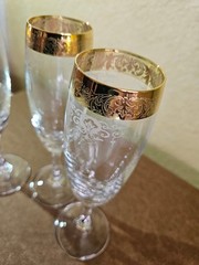 Cellini Italy 3 Crystal Champagne Flutes Etched 24K Gold Decorated Rim 8 1/4″