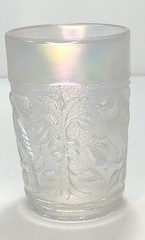 Iridescent White Imperial Glass Water Pitcher w/ 6 Tumblers Singing Birds