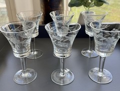 Set of Six Vintage Cordials. Delicate Etchings of Grapes/leaves 4.5” H, 2.25”W