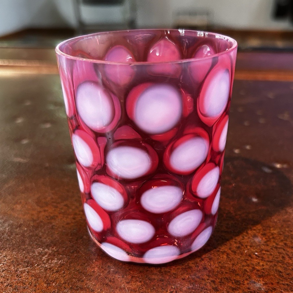 Red & White Polka Dot Glass Tumbler, Round Drinking Glass 3.5 in Tall
