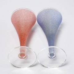 6 Red White Blue B Initial Cordial Trumpet Flute Glasses Iris Barrel Apfel, 4″h