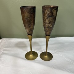 Vintage Brass Toasting Champagne Flute Stemmed Goblet Set Of 2 9.25”