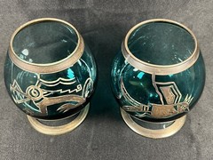 VTG SET 2 BOHEMIAN SILVER OVERLAY SMOKY GREEN BRANDY COGNAC SNIFTERS BIRD WOLF