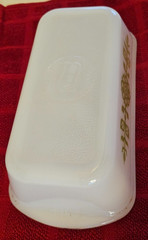 Vintage GLASBAKE J522 Milk Glass Loaf Pan white with avocado green 1.5 Qt
