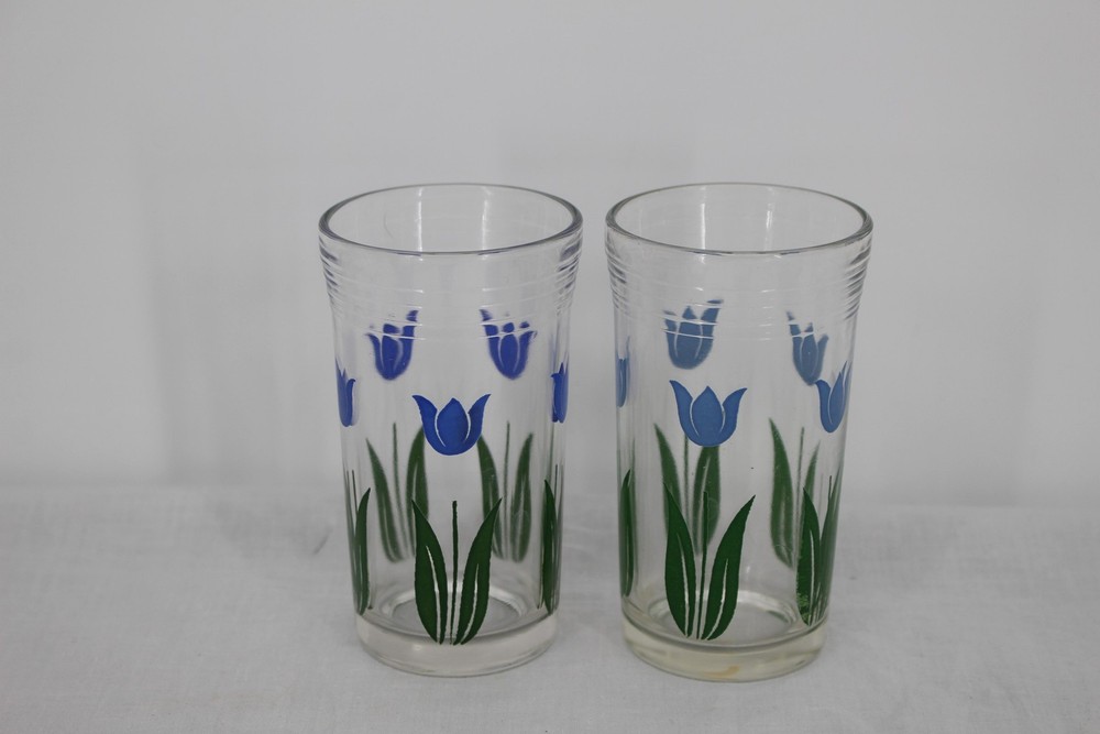 Tulip Time Blue Tumbler Glasses Set Of 2 Clear Floral Unmarked Decor Drinkware