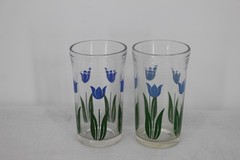 Tulip Time Blue Tumbler Glasses Set Of 2 Clear Floral Unmarked Decor Drinkware
