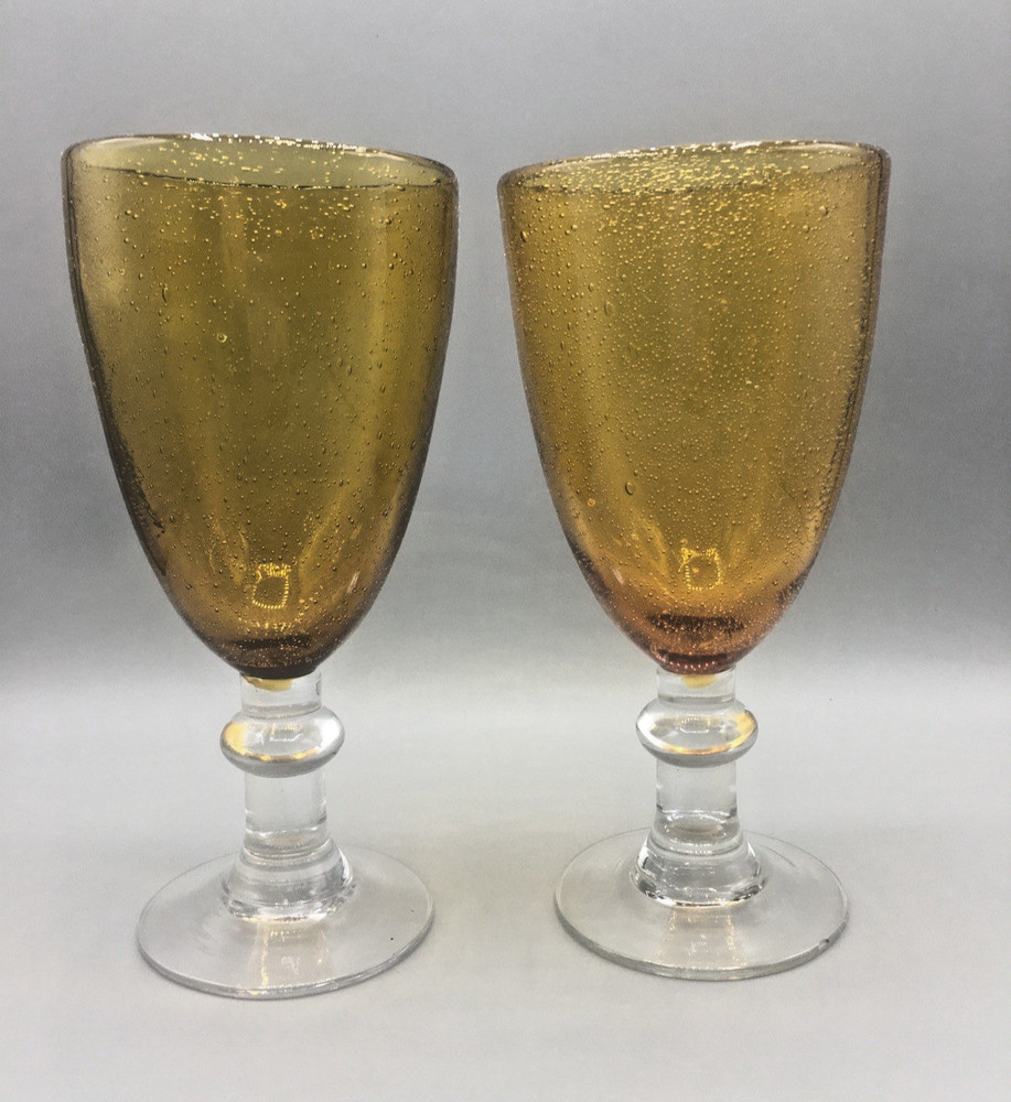 Pair Amber Bubble Hand Blown Glass 7.75″ Water Goblets Vintage