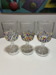 Set of 3 Hand Blown Confetti Art Glass Wine Goblets Murano Style 9in