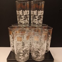 Tumblers Glasses Set of 14 Anchor Hocking MCM White Hibiscus Gold Grecian Key