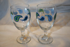 6 MCM LIBBEY CRISA BLUE TEAL PAISLEY PATTERNED GOBLETS WINE GLASSES 7″
