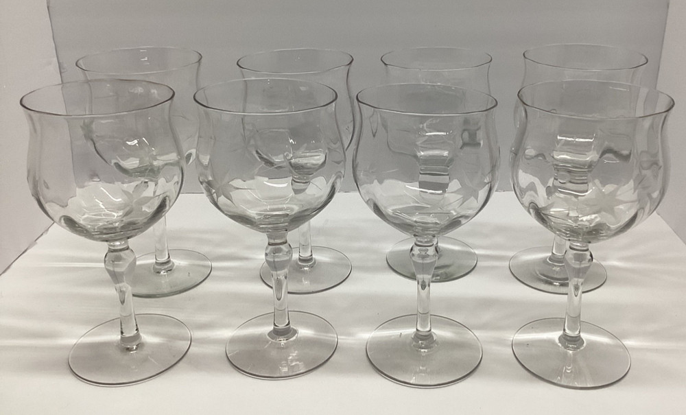 8 Vintage/Antique Starflower Etch Wine Glasses panelled (2 flaw) handmade?