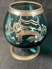 VTG SET 2 BOHEMIAN SILVER OVERLAY SMOKY GREEN BRANDY COGNAC SNIFTERS BIRD WOLF