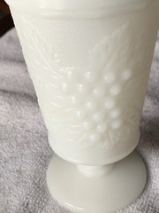 Vintage white milk glass footed goblet grape and leaves impression,