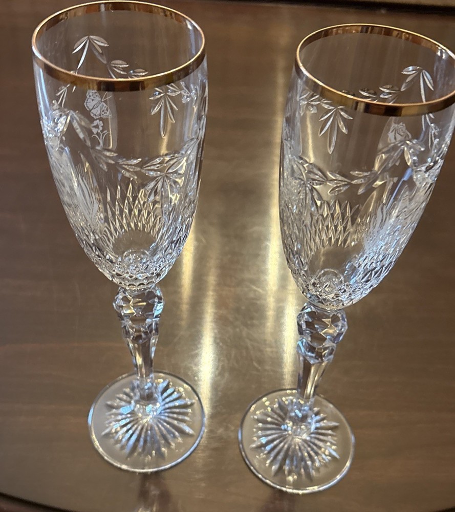 Waterford Cherished Moments 2000 Toasting Champagne Glass Flutes Gold Rim Set