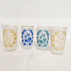 Vtg Libbey Juice Cordial Glasses Color Leaf Pattern Gold Rim 70s Kitsch Kitchen