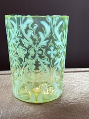 VICTORIAN NORTHWOOD VASELINE OPALESCENT GLASS SPANISH LACE TUMBLER 1890’S