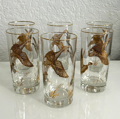Vintage Libbey Drinking Highball Glasses Gold Embossed Geese Flying . Set of 6.