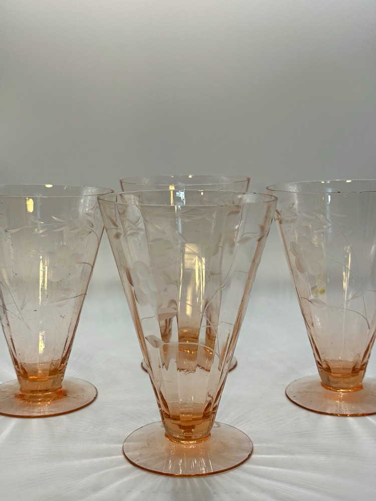 Set of 4 Depression Era 1940s Pink Etched Floral Glasses, Tapered Shape