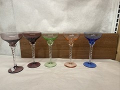 Vintage Set Of 5 Jewel Colors Twist Stemmed Blown Glass Liquor Cocktail Glasses