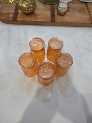 Set of 5 Vintage MCM Amber Crackle Glass Tumblers Marigold Iridescent Finish